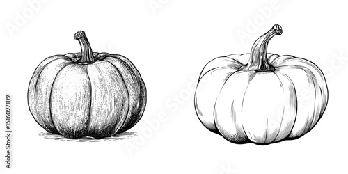 A minimalist-style illustration of a pumpkin with engraved details, clean lines, and hatching