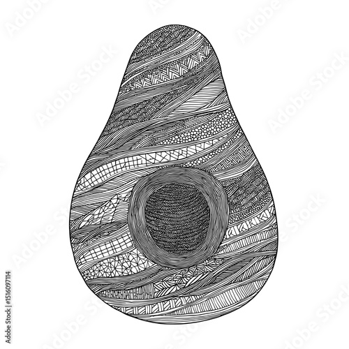 Detailed monochrome art piece showcasing the textured surface of a halved avocado