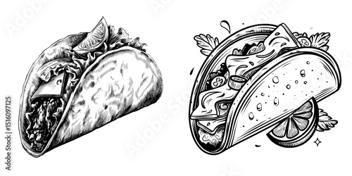 A monochrome illustration of a modern taco is depicted with beef, cheese, and stylized texture