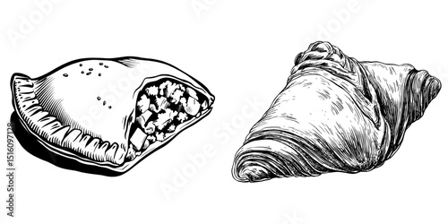 Illustration of a stylized apple turnover featuring intricate flaky pastry and filling