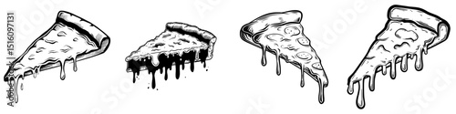Illustration of a pizza slice in monochrome style with a dripping cheese effect