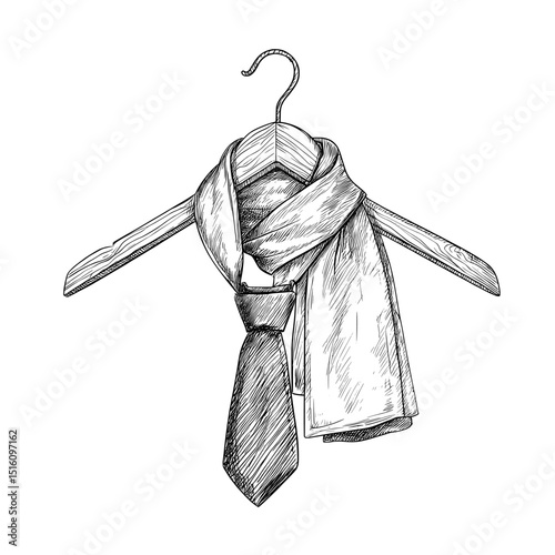 A modern retro illustration is presented, showcasing hand-drawn art of a wooden coat hanger draped with cloth
