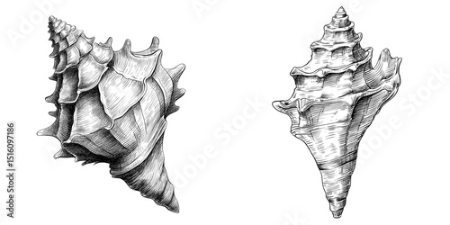 A detailed illustration featuring a sea shell in black and white with textured lines, drawn in a modern retro hand style