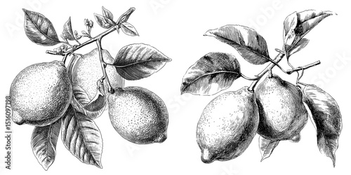 This modern retro illustration is a hand-drawn black and white sketch of three citrus fruits, including lemons with leaves, in a vintage style