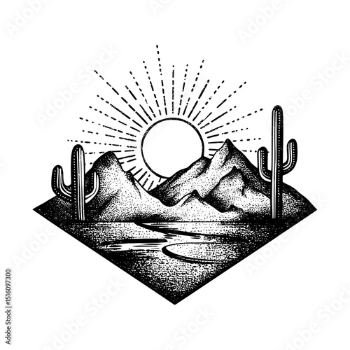 A vintage line art style illustration on a white background features a desert sketch at sunrise, rendered as a black and white outline engraving with a scratch board effect