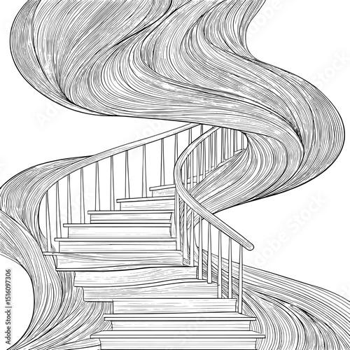 A detailed depiction of spiraling stairs accompanied by a radiating design is presented