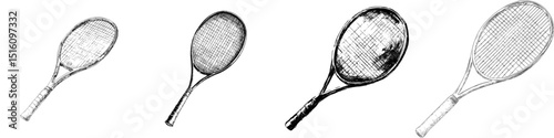 Modern pencil ink sketch of a tennis racket in black and white, rendered in monochrome engraving style