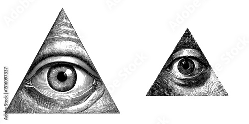 The design of a triangle enclosing a meticulously drawn eye symbol