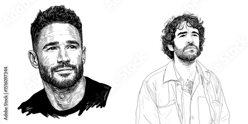 A monochrome modern illustration shows a man who has a beard and hair, looking ahead