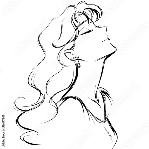 The face of a woman is sketched in a surreal style, with flowing hair surrounding her closed eyes