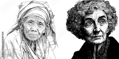 A captivating portrait of an elderly woman is presented, featuring a detailed monochrome illustration, where her expressive eyes and facial lines convey a story of wisdom and experience