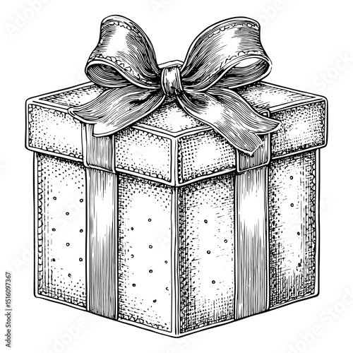 An illustration of a gift box featuring a ribbon, rendered in a hand-drawn vintage engraved style, is well-suited for tattoo design or decorative applications