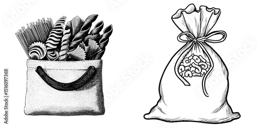 The artistic essence of culinary design is captured in a beautifully hand-drawn illustration of a vintage bag filled with engraved pasta shapes