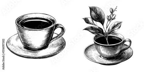 A hand-drawn sketch of black coffee in a mug with a saucer, created in a simple monochrome style