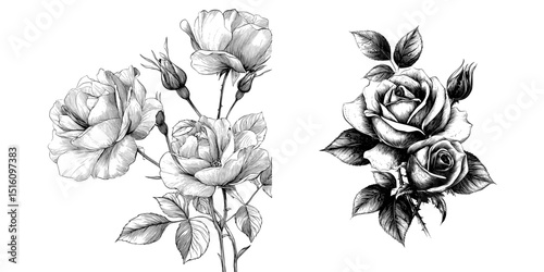 A modern sketch style pack featuring a hand-drawn rose showcases Vintage Floral Elegance with monochrome and engraved details
