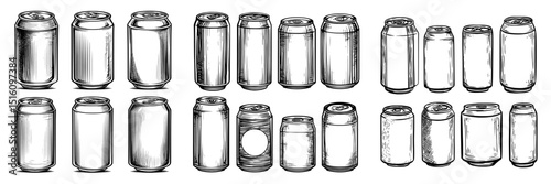 Beverage cans of various shapes and designs are displayed in a minimalist style to highlight size and texture differences