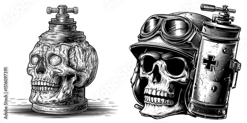The image features a skull and piston crossed design, rendered in a black and white outline engraving, with a scratch board effect