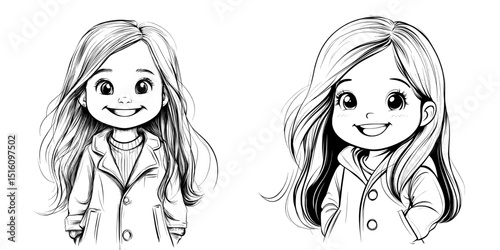 A portrait of a little girl smiling, created in black and white line art, is titled Innocent Joy, A Little Girl's Smile, and features a modern hand drawn illustration with an ink sketch on the