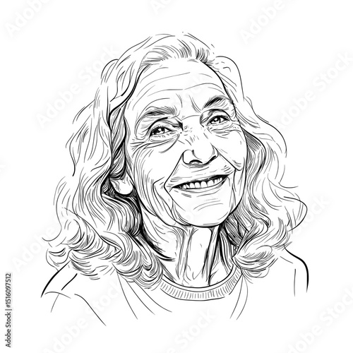 A black and white line art drawing of an elderly woman smiling, depicted in a modern hand-drawn illustration with an ink sketch portrait