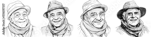 A black and white line art drawing of an elderly man smiling, titled A Lifetime of Happiness, forms a modern hand drawn illustration with a portrait of an old man in a simple ink sketch background
