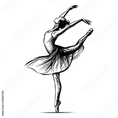 The image of a ballerina girl doing ballet is captured in a sketch that has been reduced to a black and white outline, emulating an engraving on a scratch board
