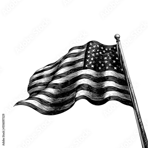 America's flag is depicted in a waving motion through an engraving sketch that is black and white in outline, presented as a scratch board imitation in a vintage line art style on a white background