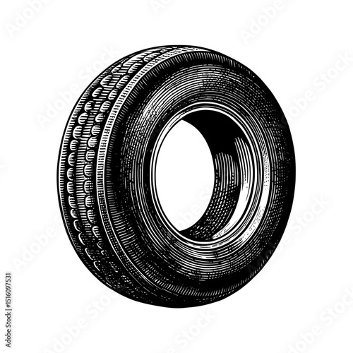 A car tyre is depicted in a black and white outline sketch with an engraving style, resembling a scratch board