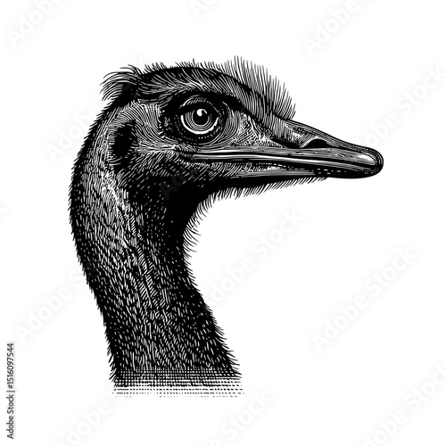 Black and white outline engraving of an ostrich portrait sketch, created to resemble a scratch board imitation, is displayed