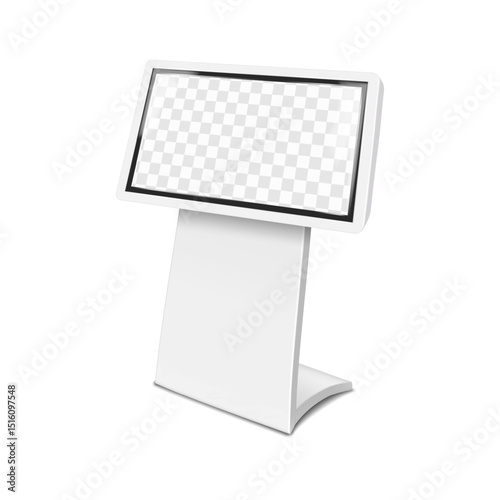 LCD computer monitor TV stand. 3d mockup. Video digital display billboard banner or interactive touch screen self-service kiosk on metal base. Realistic vector mock-up. Easy editable template
