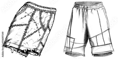 Sketch of shorts with patches, rendered in black and white with emphasis on stitching