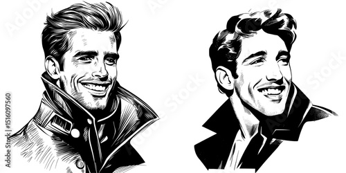 A portrait of a confident man is depicted in a black and white line art drawing with a smiling face created from ink sketch and modern hand drawn illustration set against a background