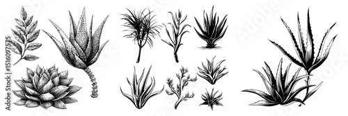 A modern black and white drawing featuring aloe vera and agave leaves, showcasing their natural forms and details in silhouette