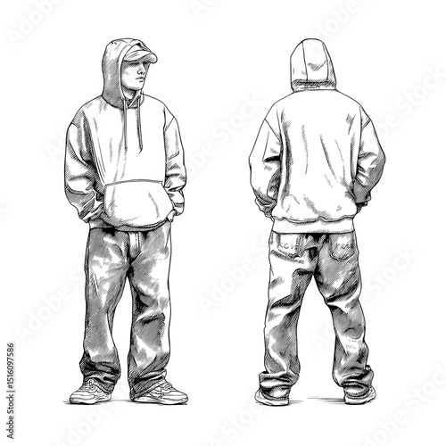 A sketch depicting a man wearing a hoodie and jeans from four different views