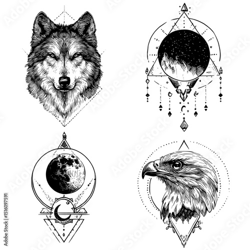 Vintage illustrations of intricate design, depicting animals and celestial motifs such as a wolf, eagle, and moon, suitable for tattoo art