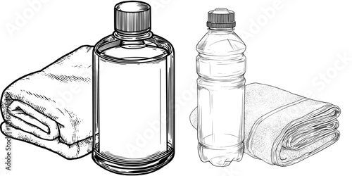 Illustration of a water bottle and towel in a vintage hand-drawn style, symbolizing relaxation and hydration