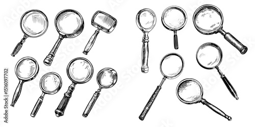 Different positions showcase an assortment of magnifying glasses, highlighting their distinctive designs and details in black and white