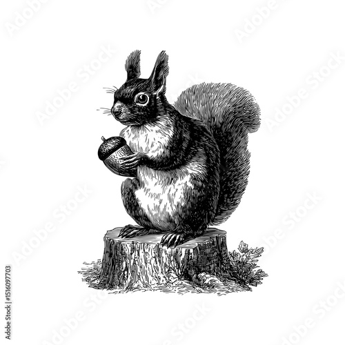A contemporary depiction of a squirrel, meticulously detailed and perched on a tree stump while clutching an acorn, is presented in a black and white engraving or woodcut style that showcases