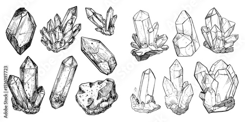 Different arrangements and structures of crystalline formations are depicted in various sketches set against a plain background