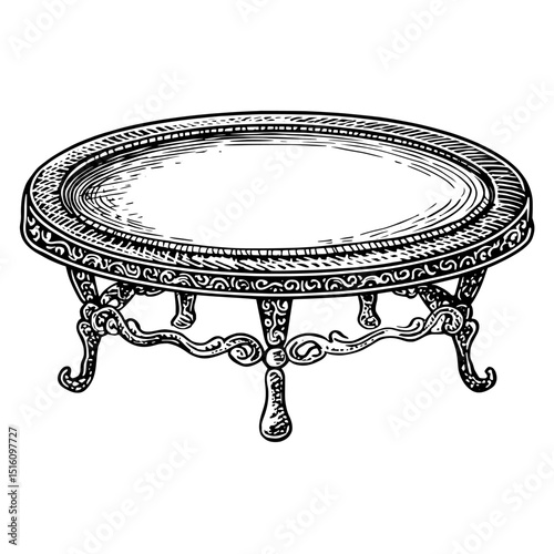 Modern black and white illustration featuring a trampoline in an engraved style ink sketch drawing