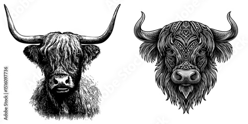 The file ‘Highland cow in monochrome art modern image (15).eps’ exists as a digital artwork