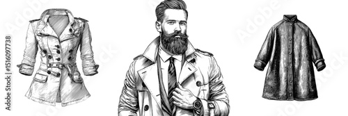Modern pencil ink sketch drawing of a trench coat in black and white monochrome engraving style