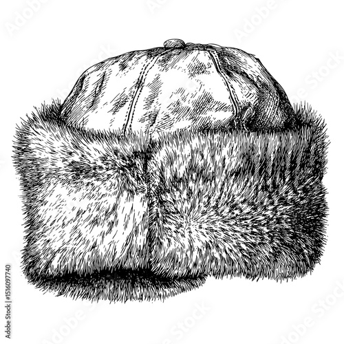 Cold weather fashion features a furry ushanka hat in monochrome vintage engraving style