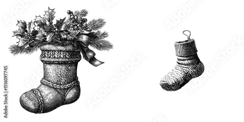 The Christmas sock sketch has a black and white outline and resembles a scratch board imitation