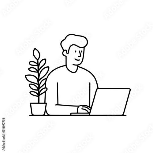 The sketch, in monochrome, shows a person working on a laptop next to a plant