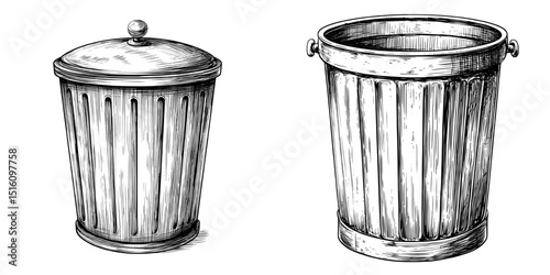 Modern pencil ink sketch drawing of a trash can, rendered in black and white with a monochrome engraving style