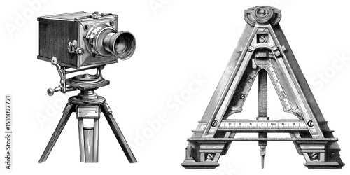 Modern drawing featuring a tripod in monochrome ink with an engraving style