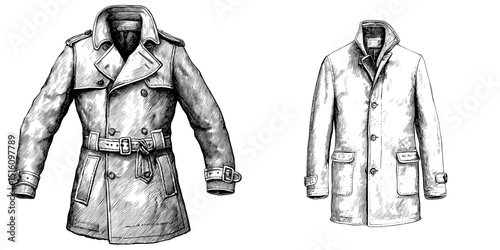 A trench coat depicted in a modern black and white illustration with engraved style ink sketch drawing