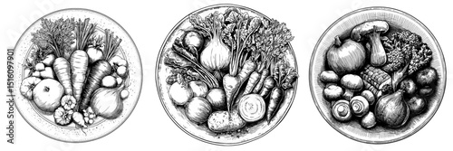 An assortment of vegetables is depicted on a plate in a black and white sketch