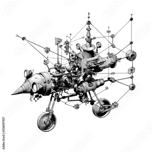 Modern monochrome engraving style is applied to a vehicle drawing that utilizes black and white pencil ink sketching
