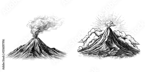 Monochrome ink sketch of a volcano created in a modern drawing with an engraving style